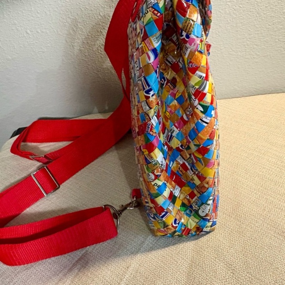 Colorful Handmade Upcycled Woven Backpack with Red‎ Straps - Picture 6 of 10